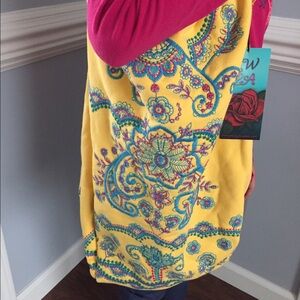 Johnny Was Yellow Floral Paisley Tote with Teal and Pink Embroidery